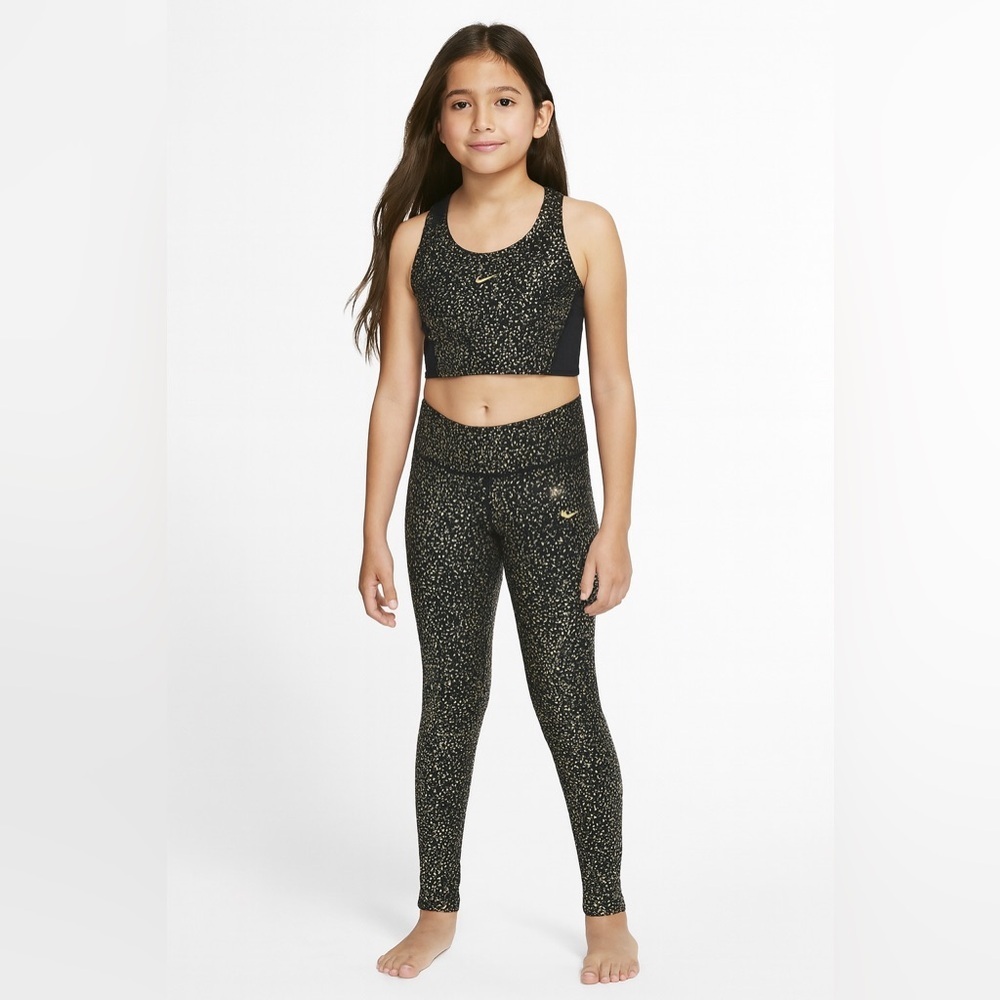 Nike DRI-FIT One Black/Gold Star Leggings & Crop Tank SET Girls Sz XL